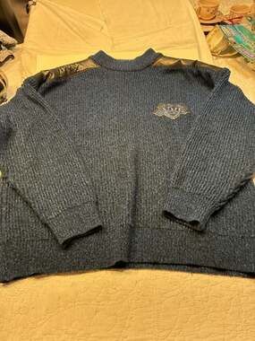 Vintage I.O.U. Club Blue Knit Sweater With Faux Leather Trim XL